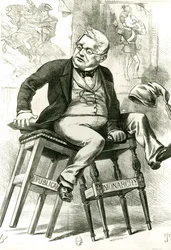 Caricature of Adolphe Thiers (1797-1877) between two stools, illustration from 